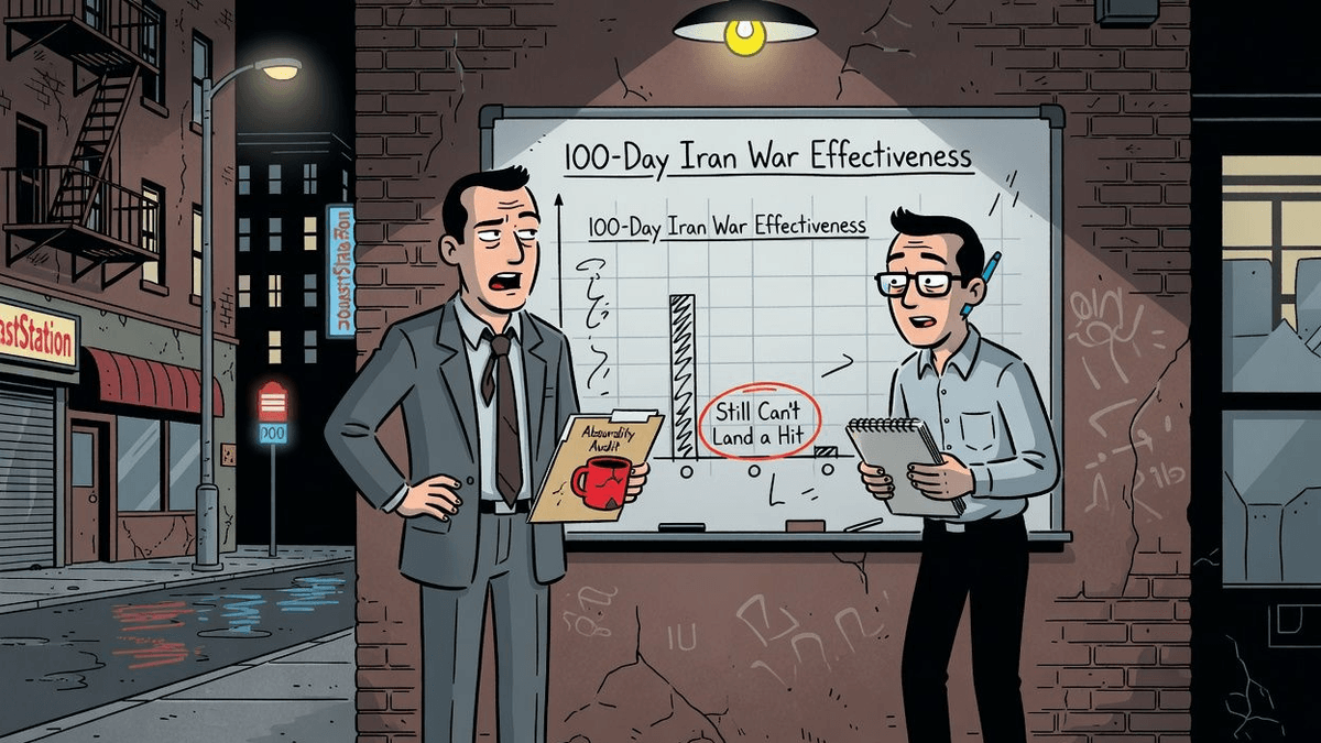 Absurdity Audit: 100-Day Iran War Still Can't Land a Hit — World satirical illustration · SPICY tier · Roast Station editorial