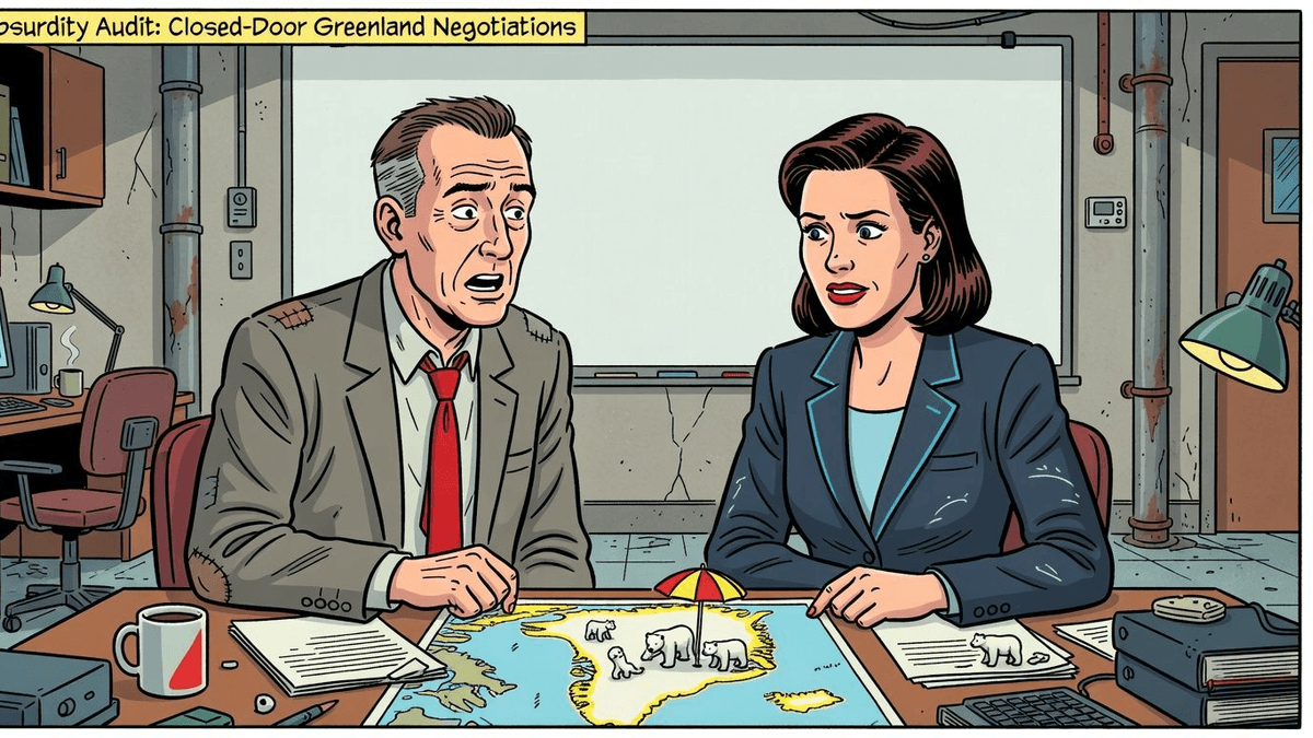 Absurdity Audit: Closed-Door Greenland Negotiations — Politics satirical illustration · SPICY tier · Roast Station editorial