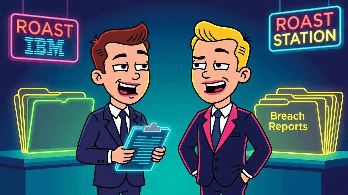 Absurdity Audit: IBM's Breach Cover-Up Gets Formalized — Tech satirical illustration · MEDIUM tier · Roast Station editorial