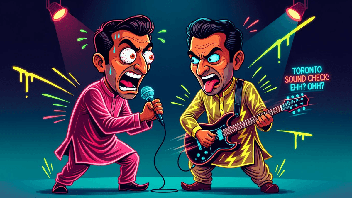 Absurdity Audit: Indo-Pak Singer Showdown in Toronto — Entertainment satirical illustration · MEDIUM tier · Roast Station editorial