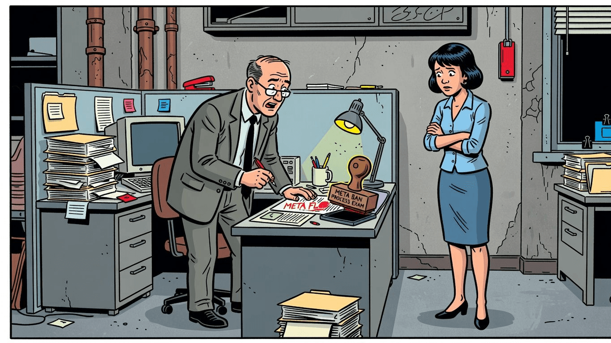 Absurdity Audit: Meta Flunks Its Own Ban Process Exam — Tech satirical illustration · SPICY tier · Roast Station editorial