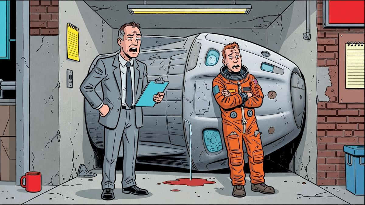 Absurdity Audit: NASA Sheltered Astronauts in Dragon Over Leaks — Tech satirical illustration · SPICY tier · Roast Station editorial
