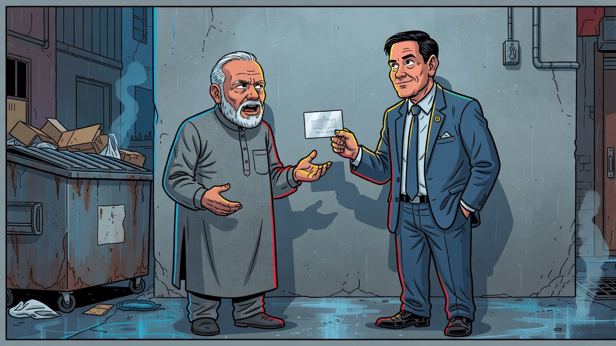 Absurdity Audit: Rubio Flashes White House Card at Modi — Politics satirical illustration · SPICY tier · Roast Station editorial