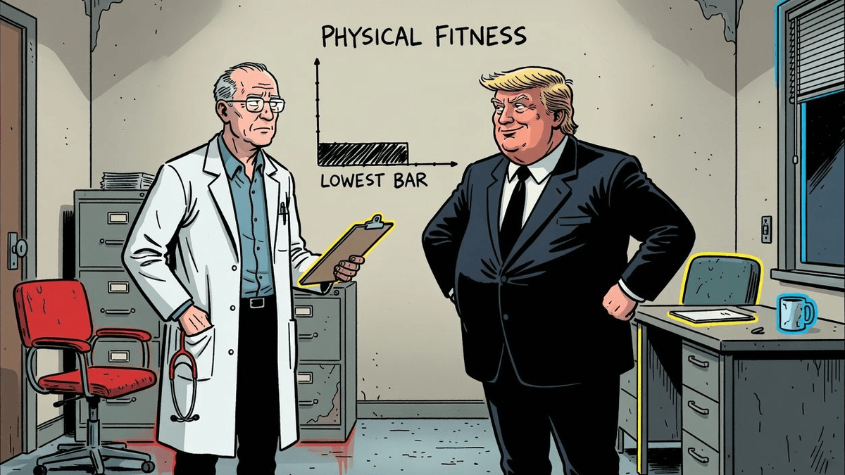 Absurdity Audit: Trump's Physical Clears the Lowest Bar — Politics satirical illustration · SPICY tier · Roast Station editorial