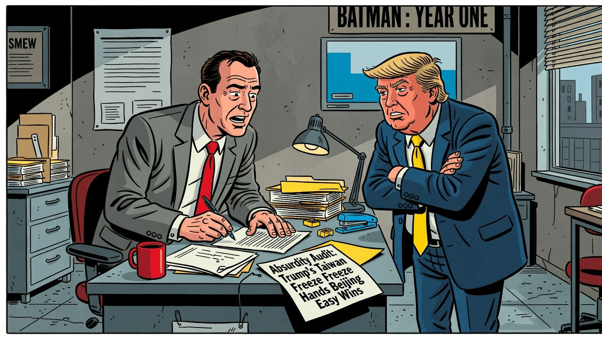 Absurdity Audit: Trump's Taiwan Freeze Hands Beijing Easy Wins — Politics satirical illustration · SPICY tier · Roast Station editorial