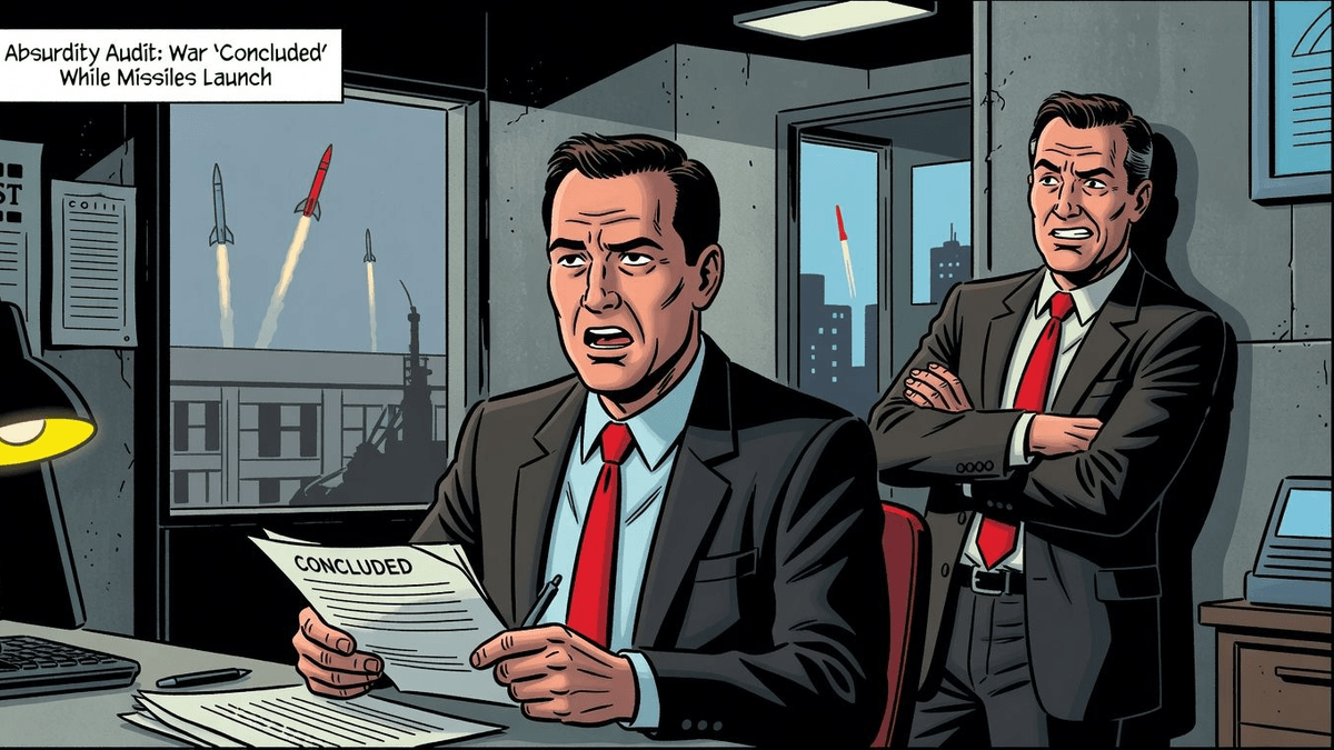 Absurdity Audit: War 'Concluded' While Missiles Launch — Politics satirical illustration · SPICY tier · Roast Station editorial