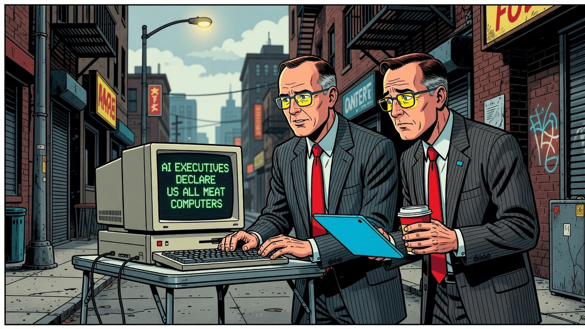 AI Executives Declare Us All Meat Computers — Tech satirical illustration · SPICY tier · Roast Station editorial