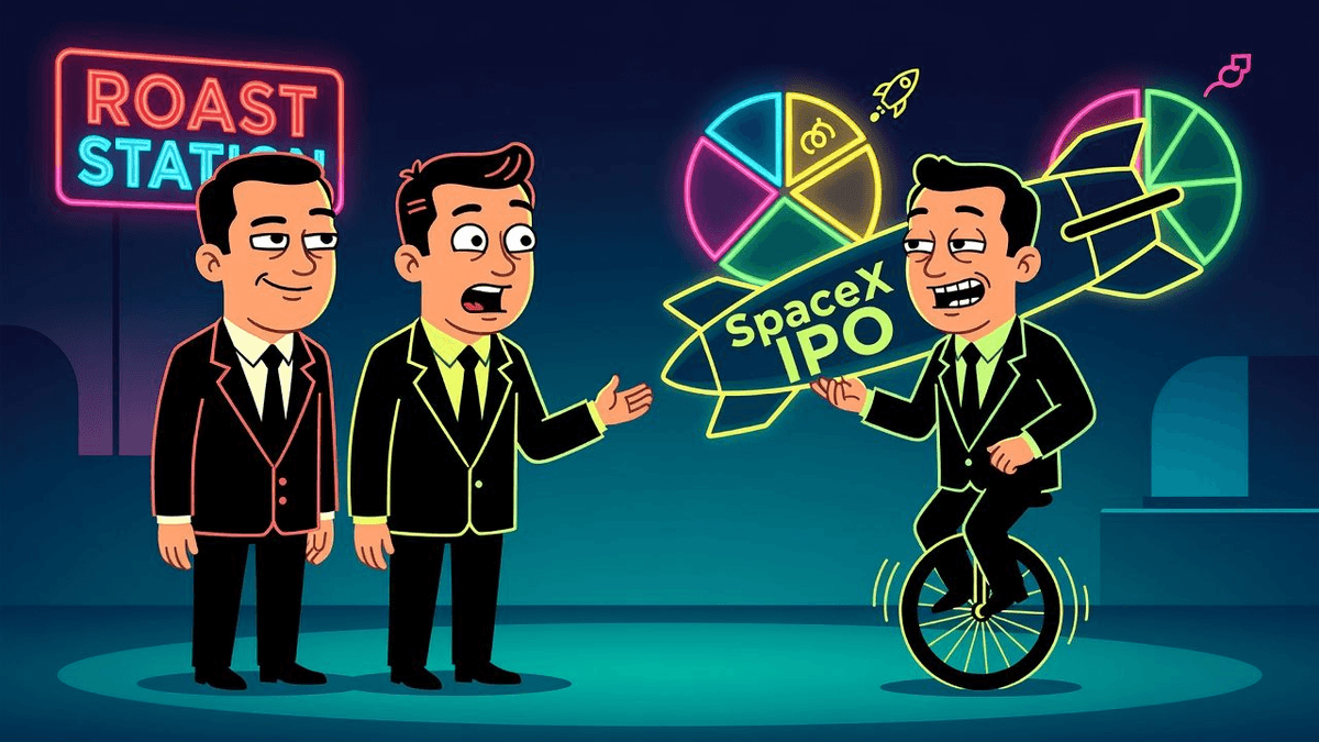 AI Startups Audit: The SpaceX IPO Ride Delusion — Tech satirical illustration · MEDIUM tier · Roast Station editorial