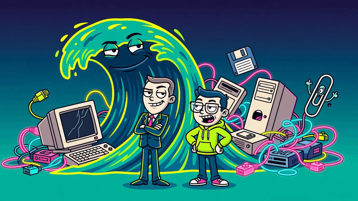 AI Wave Drags Dot-Com Relics Back to the Forefront — Tech satirical illustration · MEDIUM tier · Roast Station editorial