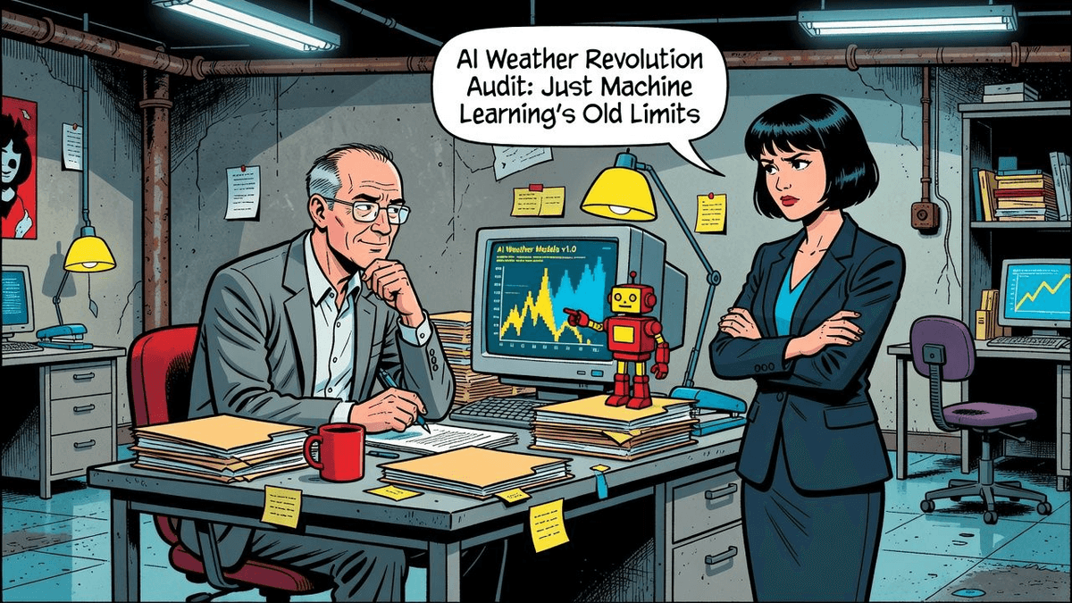 AI Weather Revolution Audit: Just Machine Learning’s Old Limits — Tech satirical illustration · SPICY tier · Roast Station editorial
