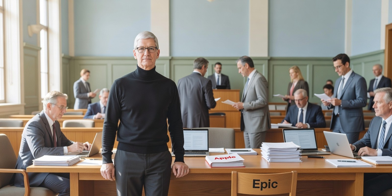 Apple Asked the Court to Make Epic Settle — Tech satirical illustration · SPICY tier · Roast Station editorial