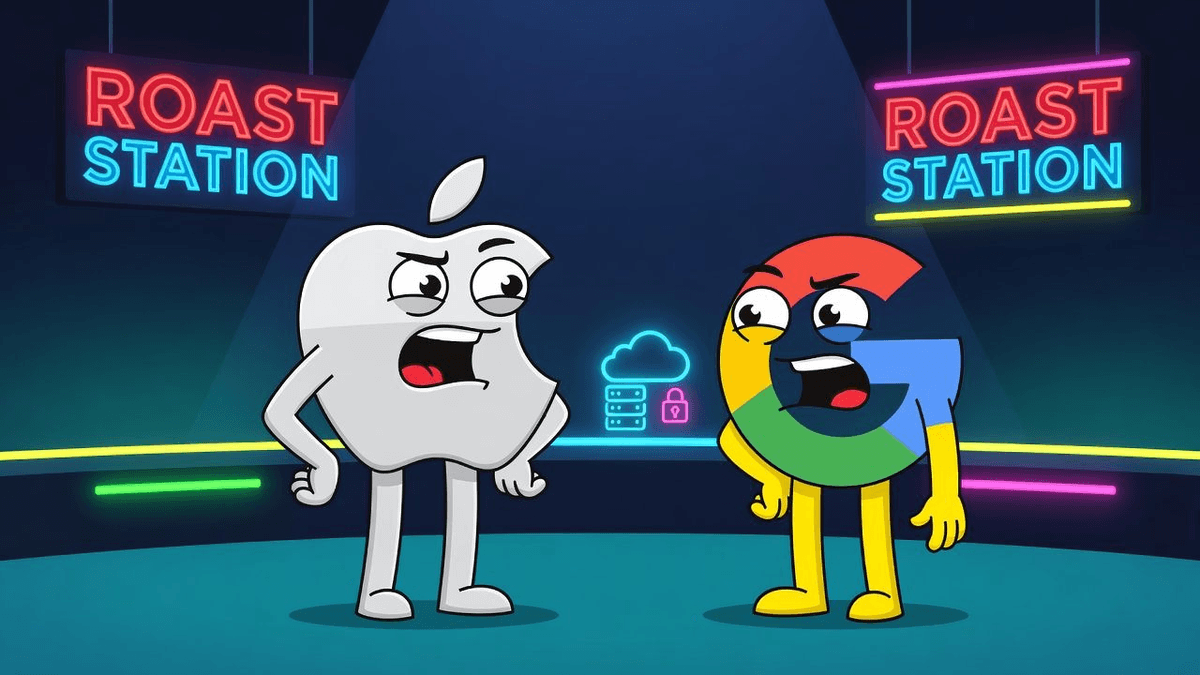 Apple Swears Its AI Stays Private on Google's Servers — Tech satirical illustration · MEDIUM tier · Roast Station editorial