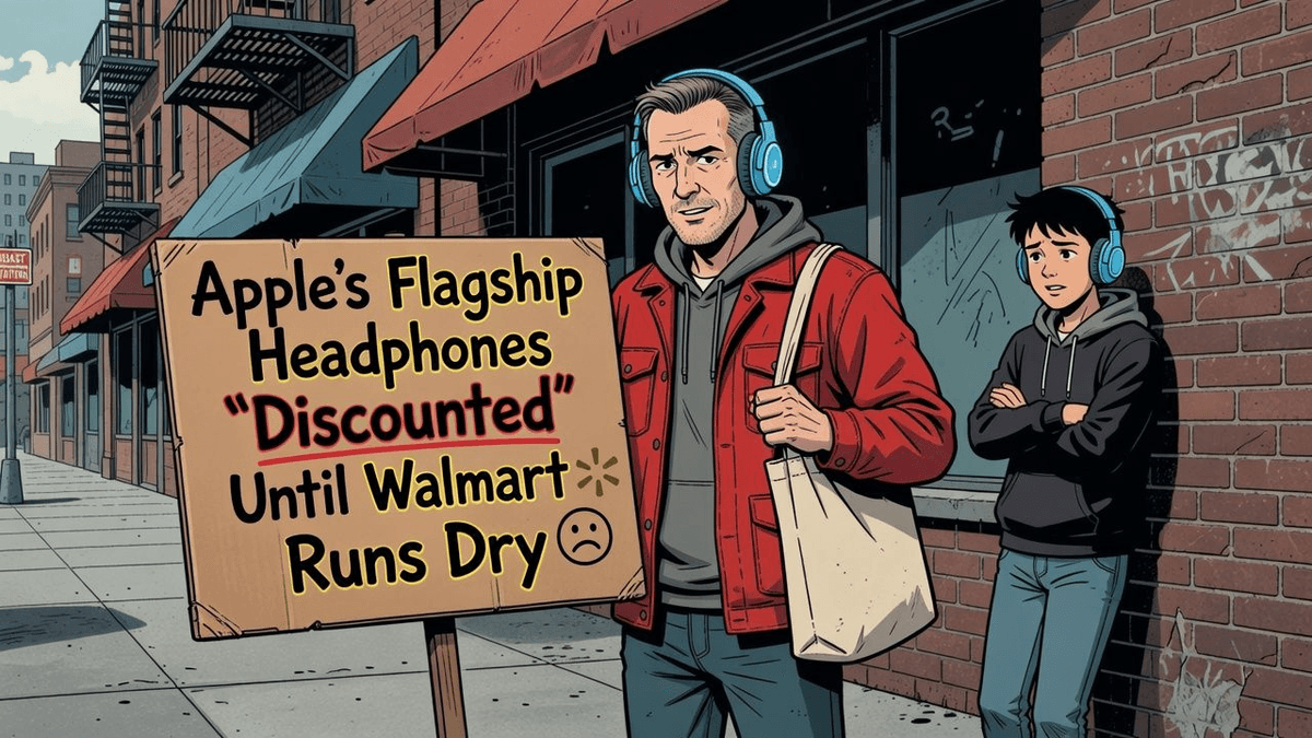 Apple's Flagship Headphones 'Discounted' Until Walmart Runs Dry — Tech satirical illustration · SPICY tier · Roast Station editorial