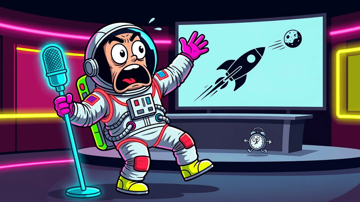 Artemis II: Moon Flyby, 52 Years Late — Tech satirical illustration · MEDIUM tier · Roast Station editorial