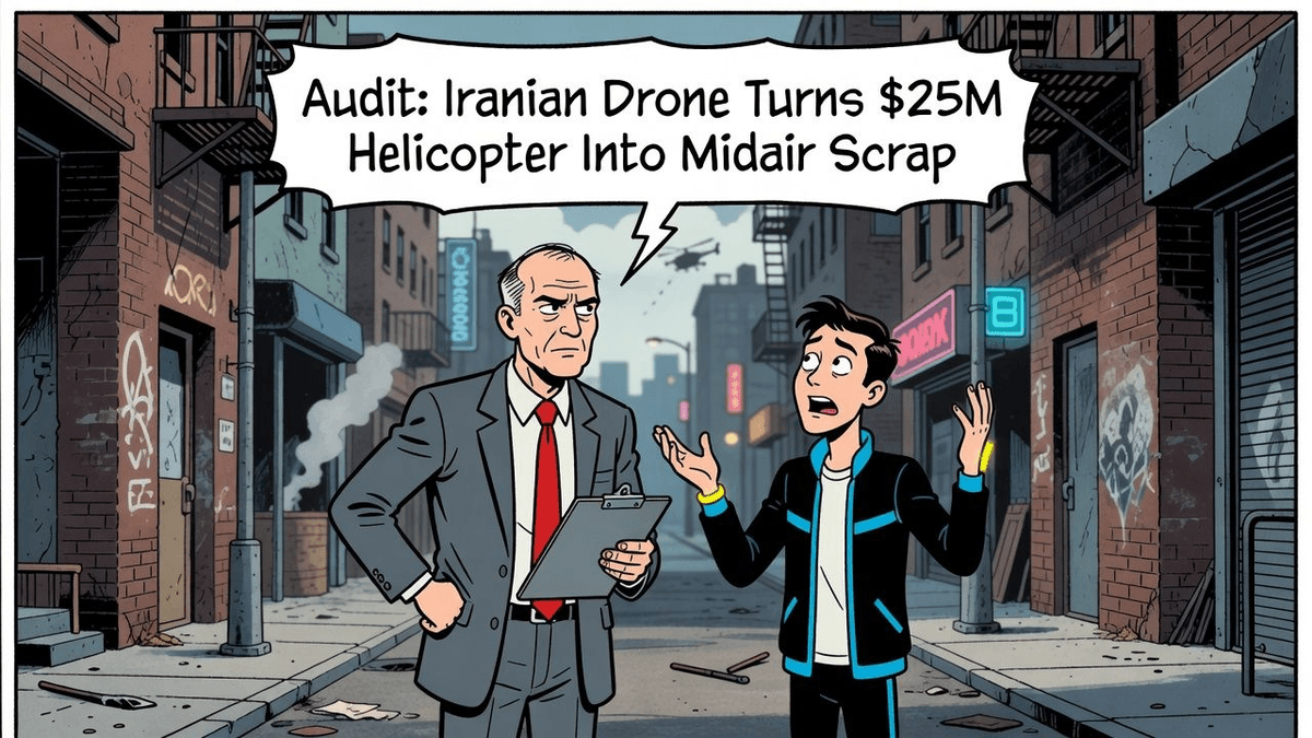 Audit: Iranian Drone Turns $25M Helicopter Into Midair Scrap — World satirical illustration · SPICY tier · Roast Station editorial