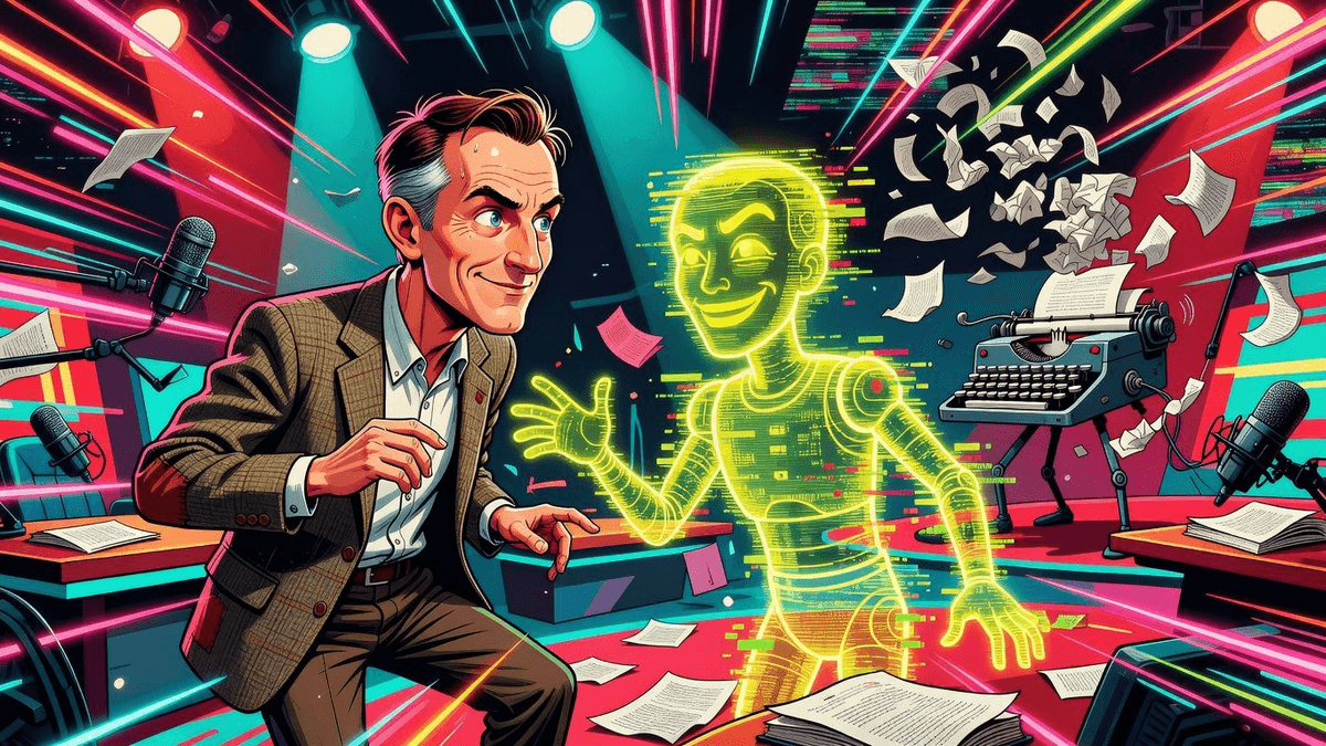 Author Defends AI After It Faked Quotes in His Book — Tech satirical illustration · SPICY tier · Roast Station editorial