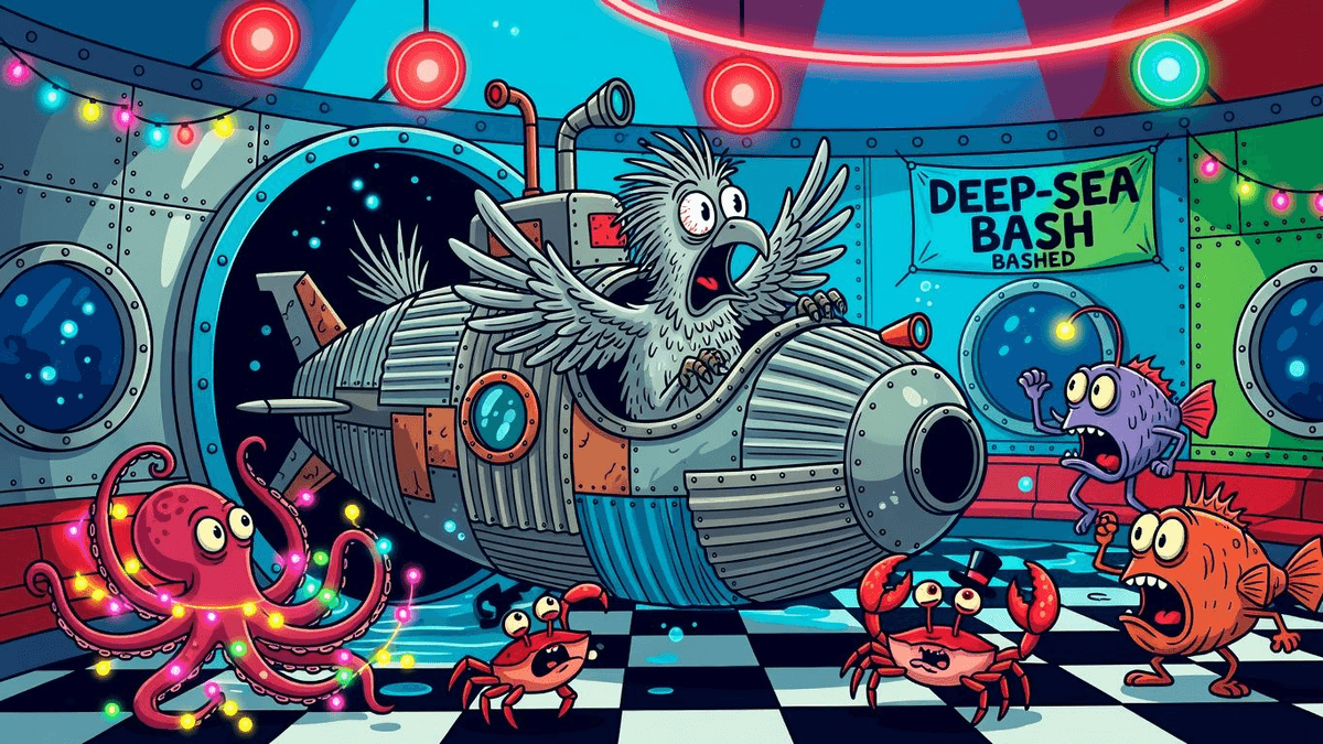 Bird Crashes Deep-Sea Party in Homemade Sub — Entertainment satirical illustration · MEDIUM tier · Roast Station editorial