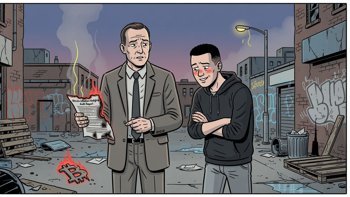 Bitcoin's Inflation-Hedging Audit Ends in Flames — Finance satirical illustration · SPICY tier · Roast Station editorial