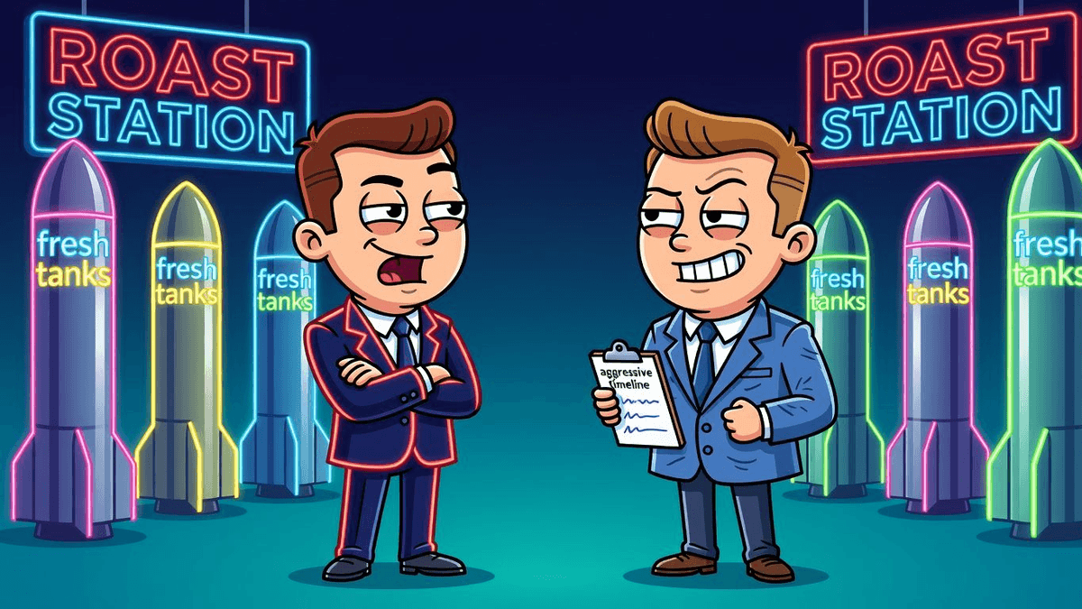 Blue Origin's Aggressive Timeline Comes With Fresh Tanks — Tech satirical illustration · MEDIUM tier · Roast Station editorial
