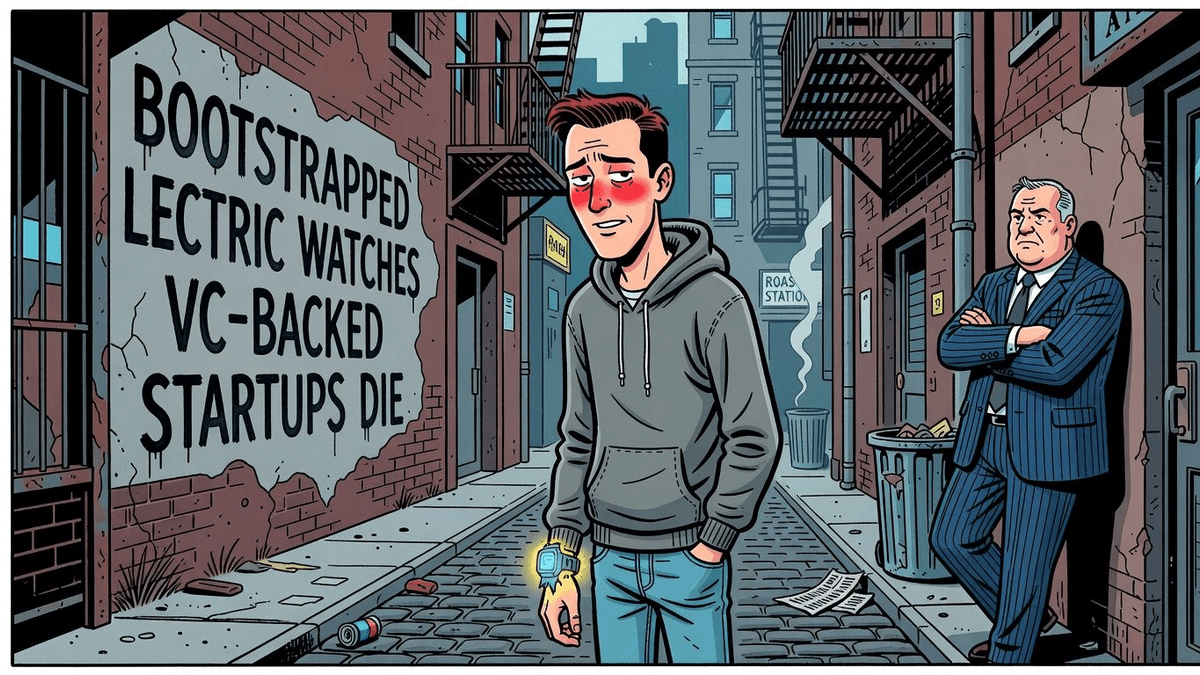 Bootstrapped Lectric Watches VC-Backed Startups Die — Tech satirical illustration · SPICY tier · Roast Station editorial