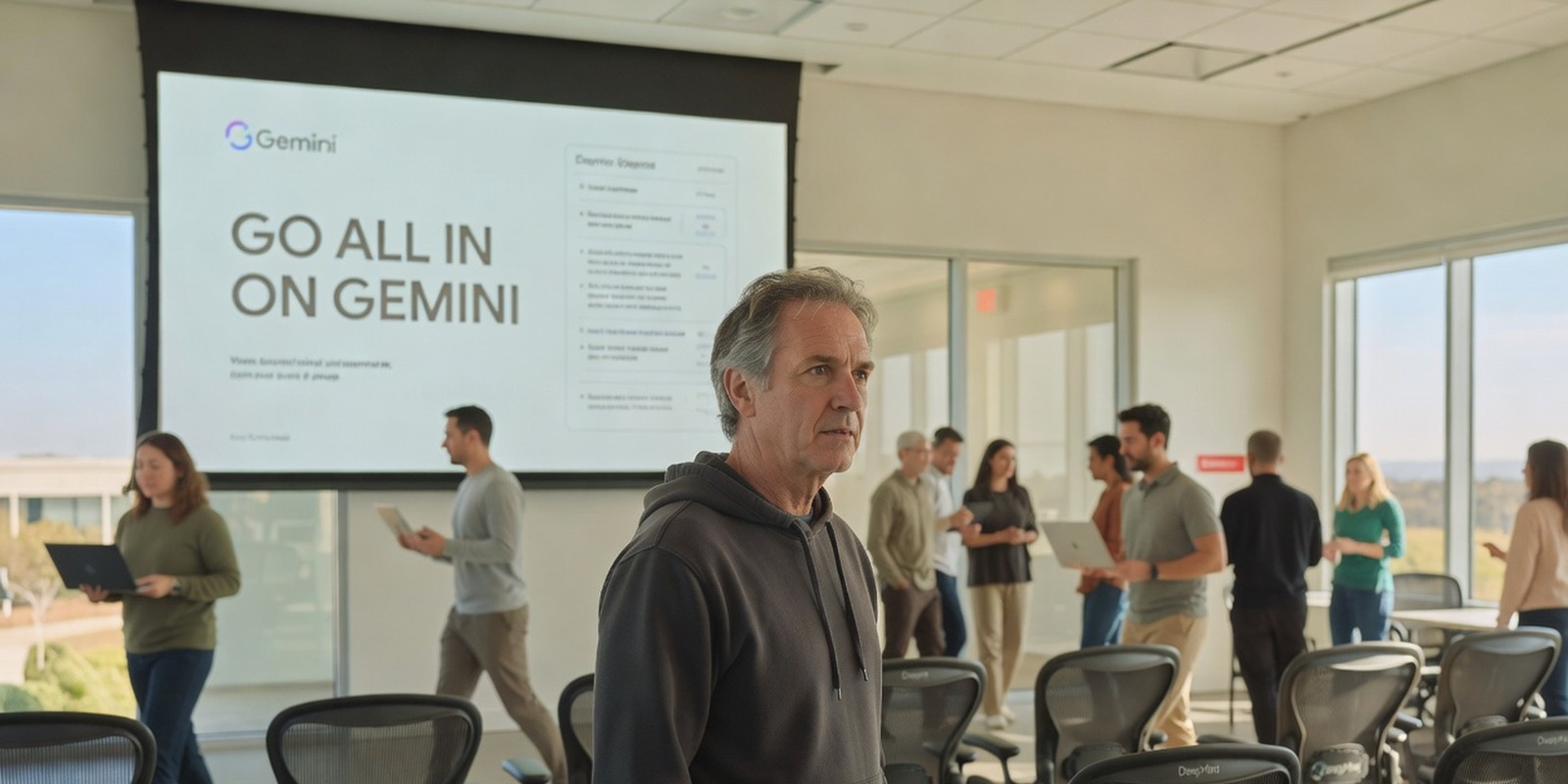 Brin Told DeepMind to Go All In on Gemini — Tech satirical illustration · SPICY tier · Roast Station editorial