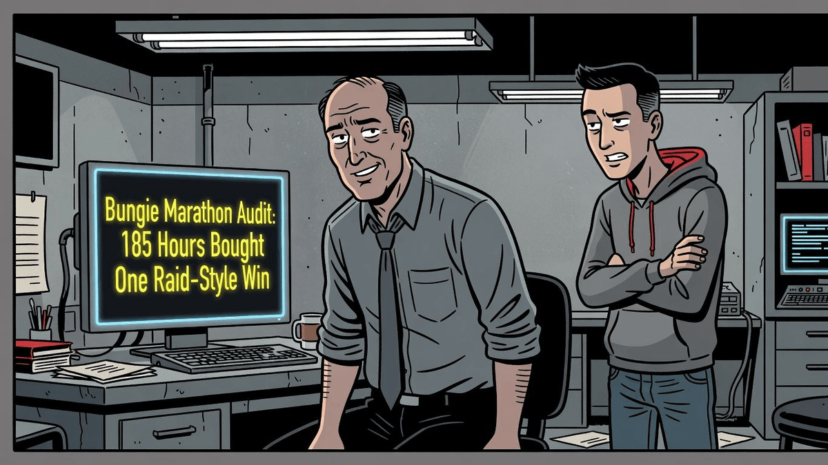 Bungie Marathon Audit: 185 Hours Bought One Raid-Style Win — Entertainment satirical illustration · SPICY tier · Roast Station editorial