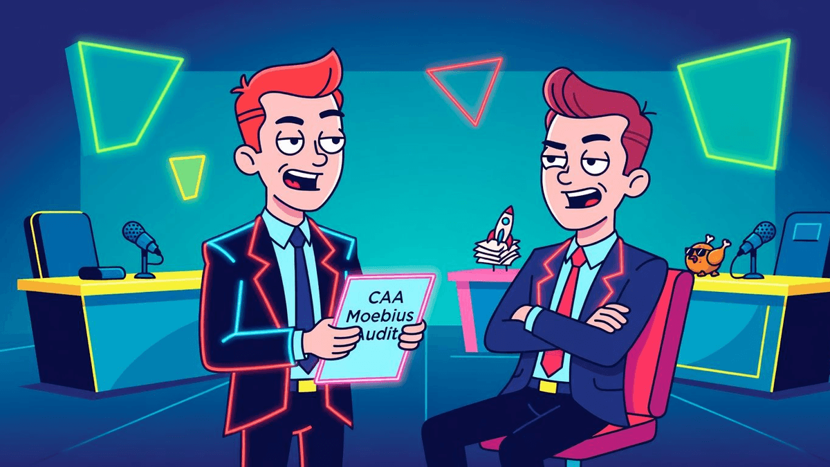 CAA Moebius Audit Clears Ten Graduating Storytellers — Entertainment satirical illustration · MEDIUM tier · Roast Station editorial