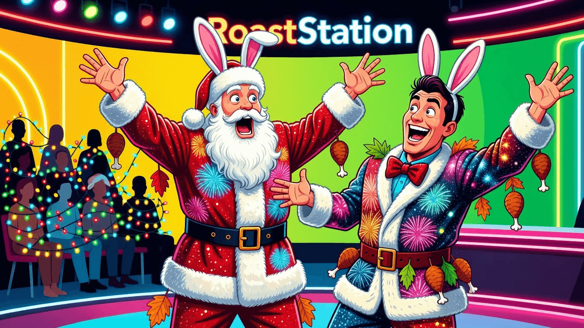 Celebs Cram Four Holidays into One Outfit — Tech satirical illustration · SPICY tier · Roast Station editorial