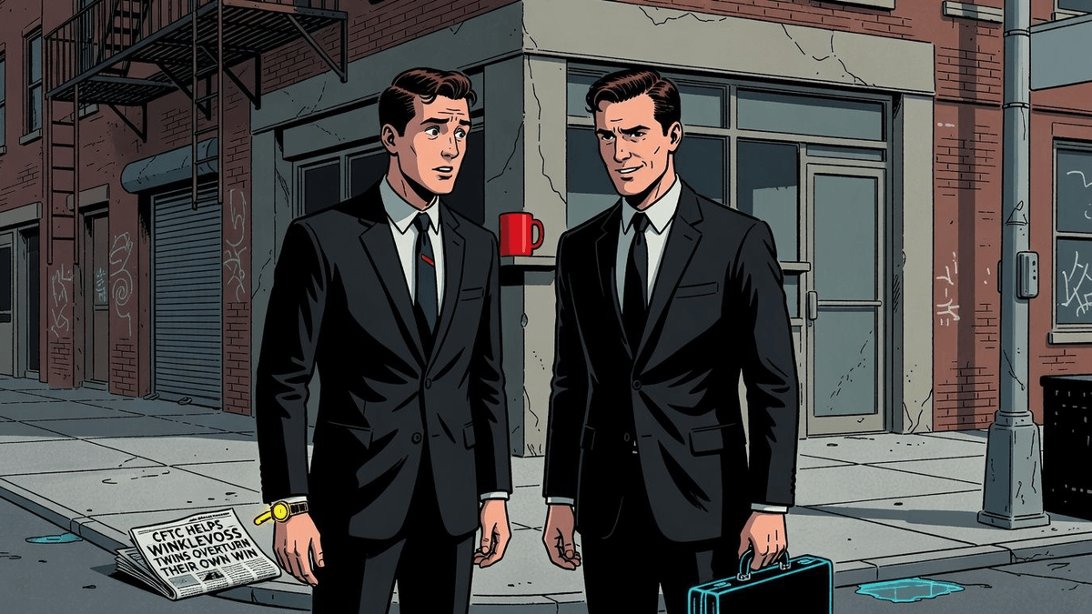 CFTC Helps Winklevoss Twins Overturn Their Own Win — Finance satirical illustration · SPICY tier · Roast Station editorial