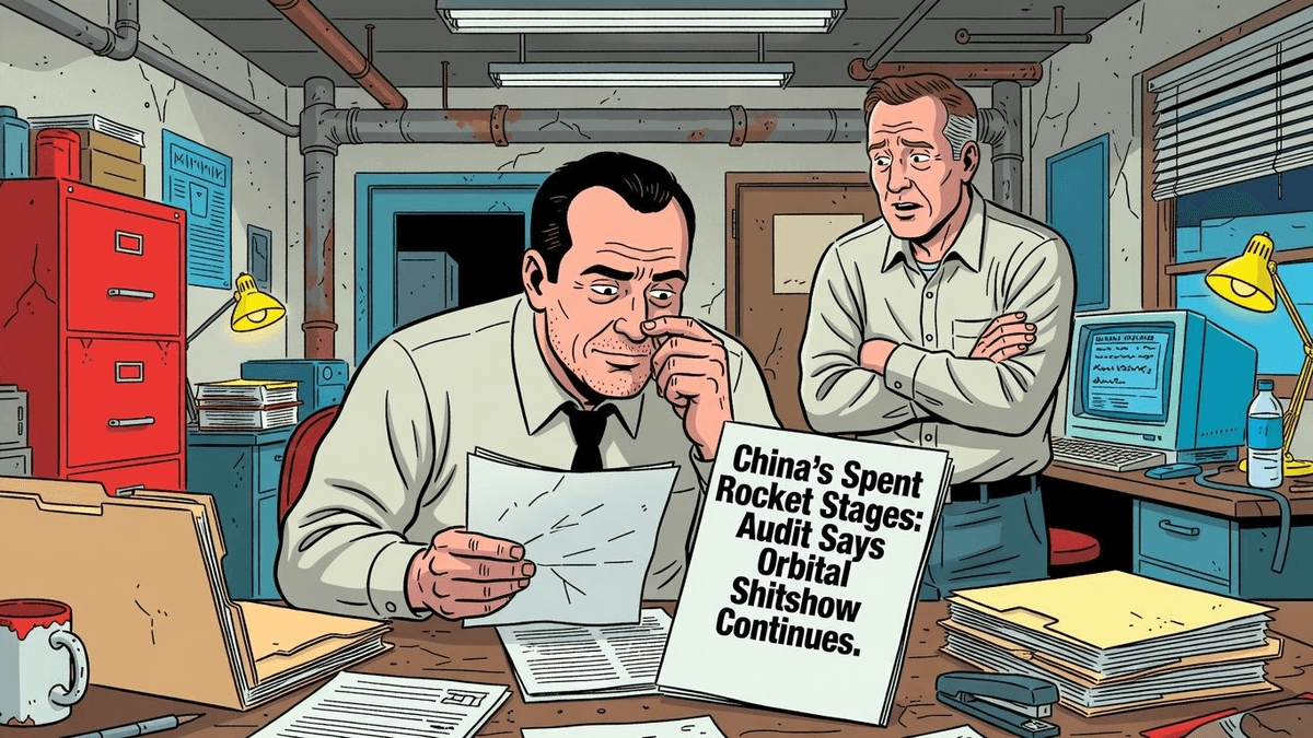 China's Spent Rocket Stages: Audit Says Orbital Shitshow Continues — World satirical illustration · SPICY tier · Roast Station editorial