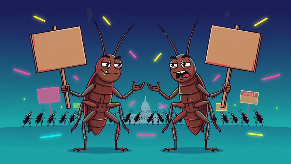 Cockroach Janta Party Swarms Capital in Fresh Protest — Politics satirical illustration · MEDIUM tier · Roast Station editorial
