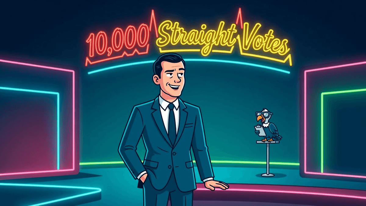 Collins Ego Meter Spikes at 10,000 Straight Votes — Politics satirical illustration · MEDIUM tier · Roast Station editorial