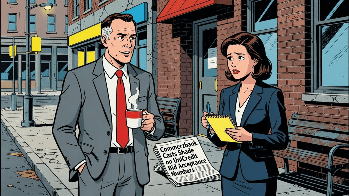 Commerzbank Casts Shade on UniCredit Bid Acceptance Numbers — Finance satirical illustration · SPICY tier · Roast Station editorial