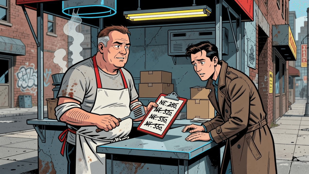 Cook Calls Pricing 'Unsustainable' Then Jacks It Up — Tech satirical illustration · SPICY tier · Roast Station editorial