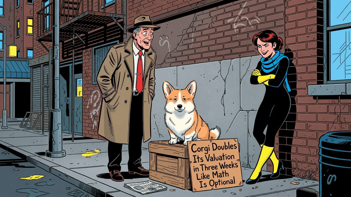 Corgi Doubles Its Valuation in Three Weeks Like Math Is Optional — Tech satirical illustration · SPICY tier · Roast Station editorial
