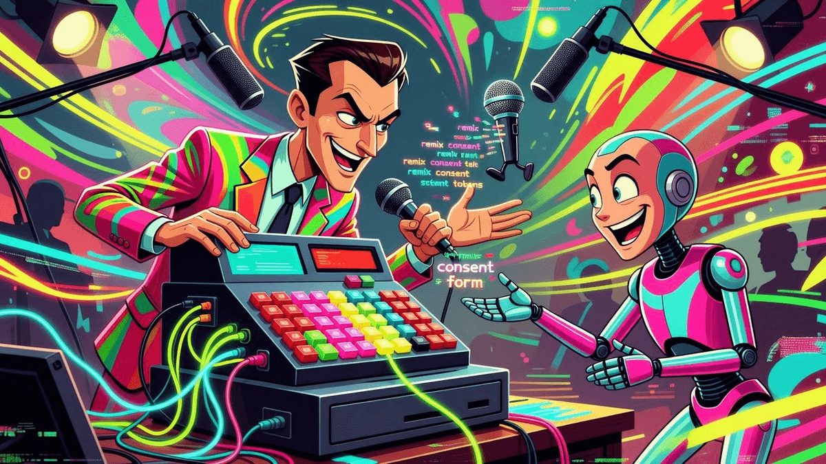 Deezer's Remix Feature: Consent as AI's Polite Fig Leaf — Tech satirical illustration · SPICY tier · Roast Station editorial