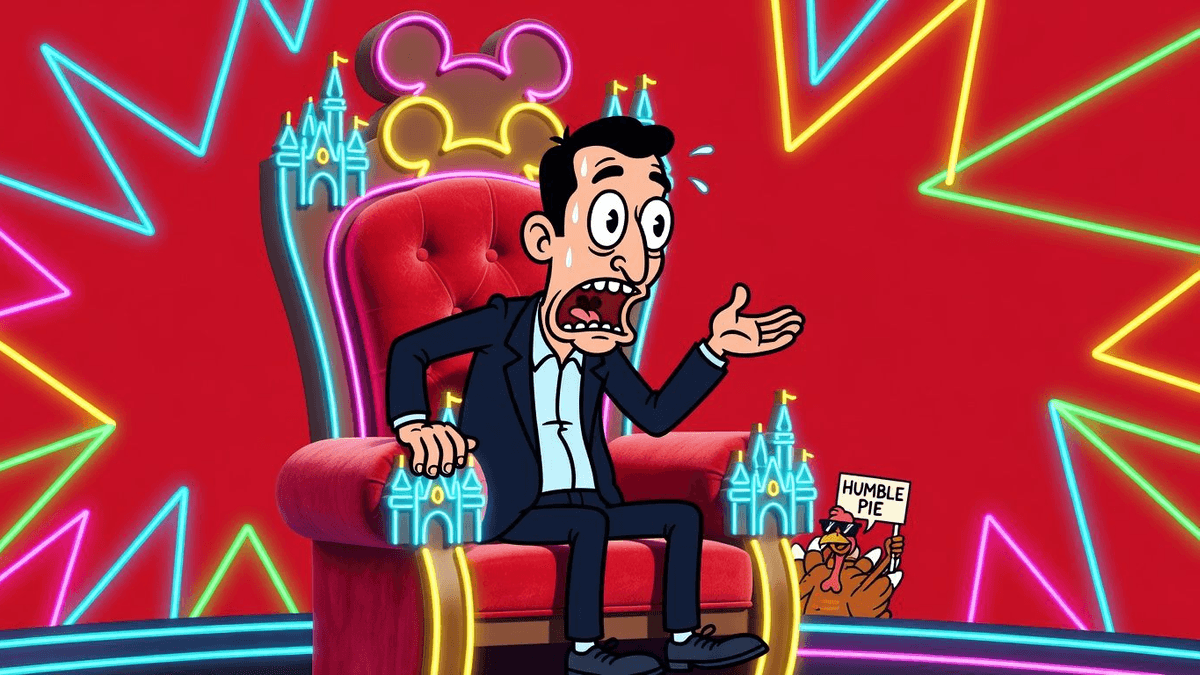 Josh D'Amaro 'Humbled' Into Disney Throne — Entertainment satirical illustration · SPICY tier · Roast Station editorial