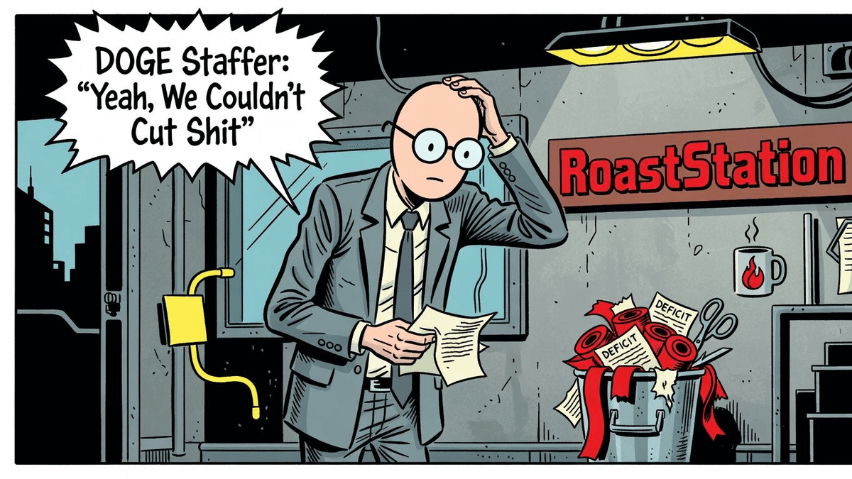 DOGE Staffer: 'Yeah, We Couldn't Cut Shit' — Politics satirical illustration · SPICY tier · Roast Station editorial