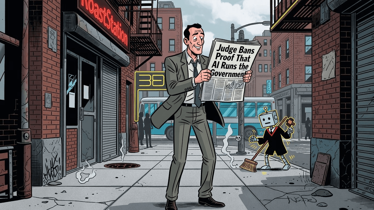 Judge Bans Proof That AI Runs the Government — Politics satirical illustration · SPICY tier · Roast Station editorial