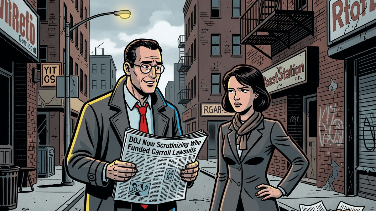 DOJ Now Scrutinizing Who Funded Carroll Lawsuits — Politics satirical illustration · SPICY tier · Roast Station editorial