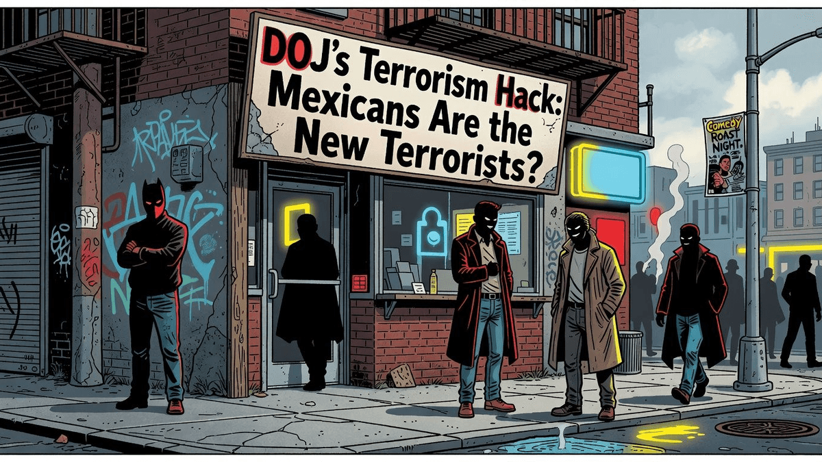 DOJ's Terrorism Hack: Mexicans Are the New Terrorists? — Politics satirical illustration · SPICY tier · Roast Station editorial