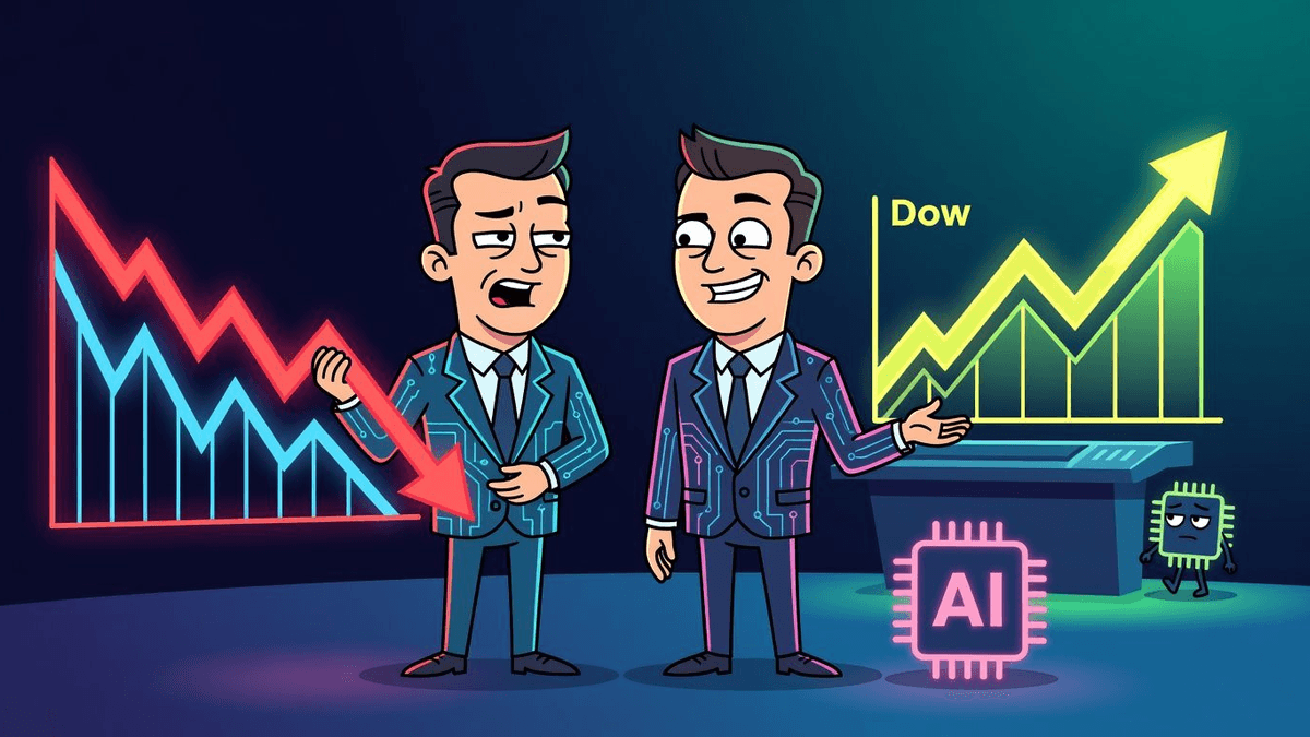 Dow Record Highs Mask Chipmakers' AI Retreat — Finance satirical illustration · MEDIUM tier · Roast Station editorial