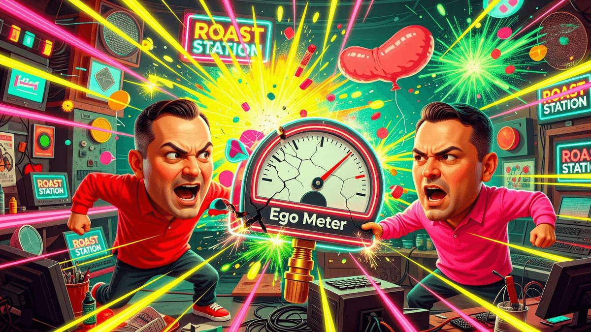 Ego Meter Explodes: Prostate Screening for Only a Few Thousand — World satirical illustration · SPICY tier · Roast Station editorial