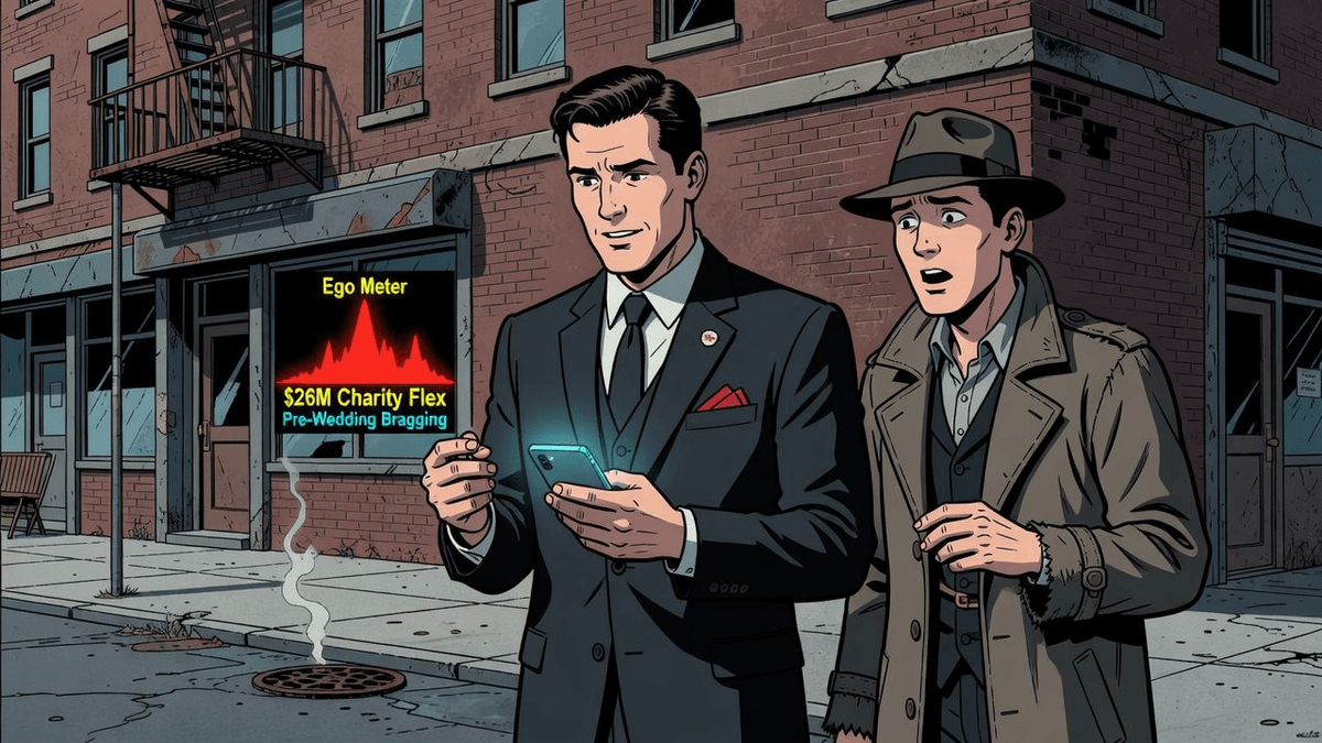 Ego Meter Spikes as $26M Charity Flex Drops Pre-Wedding — Celebrities satirical illustration by Roast Station
