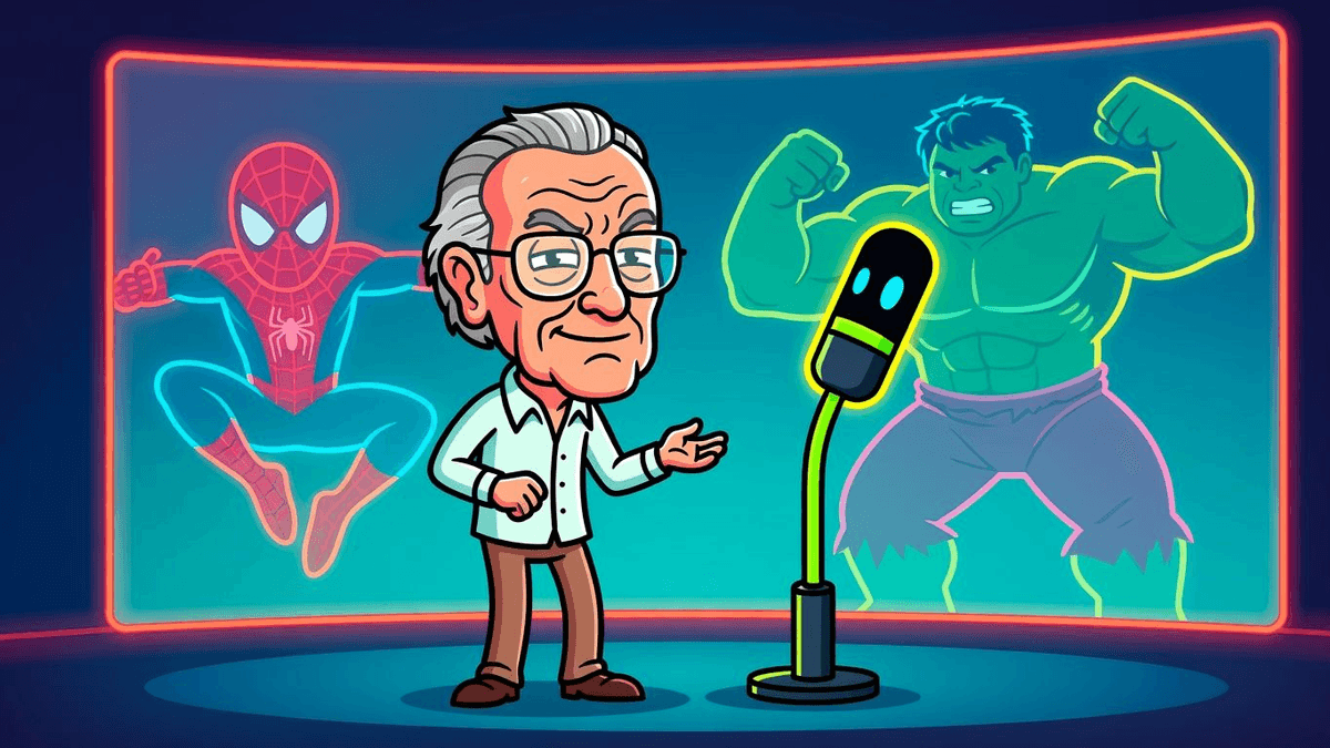 ElevenLabs Licenses Stan Lee to Resurrect Marvel Cameos — Entertainment satirical illustration · MEDIUM tier · Roast Station editorial