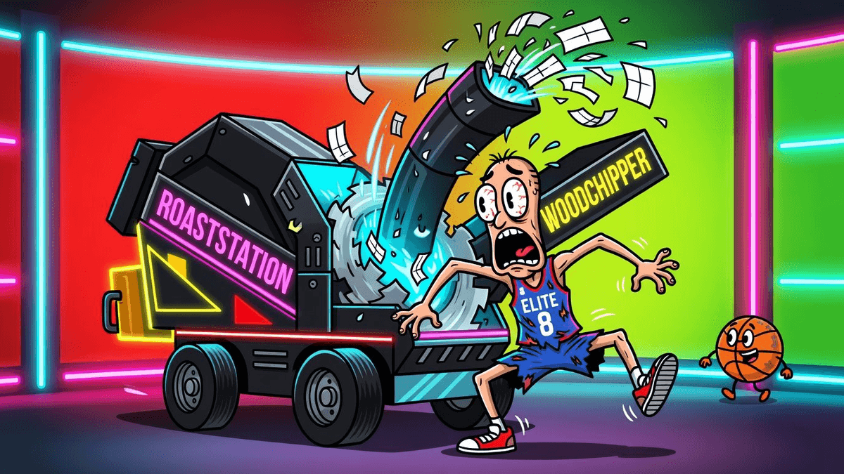 Elite 8 Evisceration: Brackets Meet the Woodchipper — Sports satirical illustration · SPICY tier · Roast Station editorial