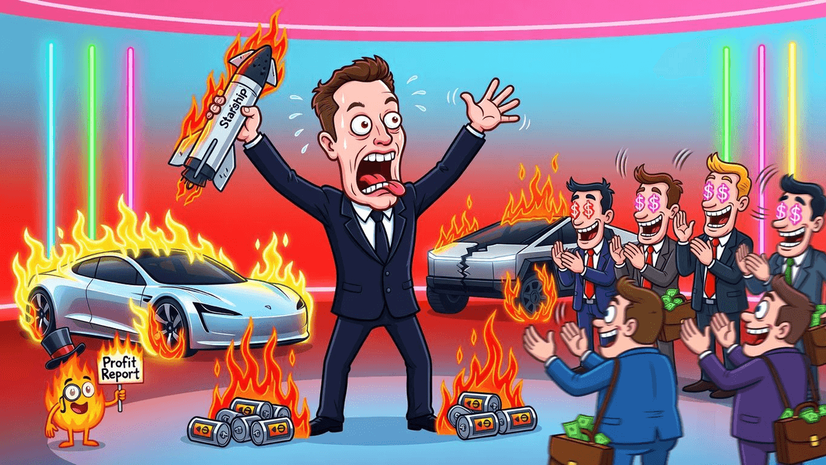 Elon's Circus: Fires Everywhere, Investors Clap — Finance satirical illustration · SPICY tier · Roast Station editorial
