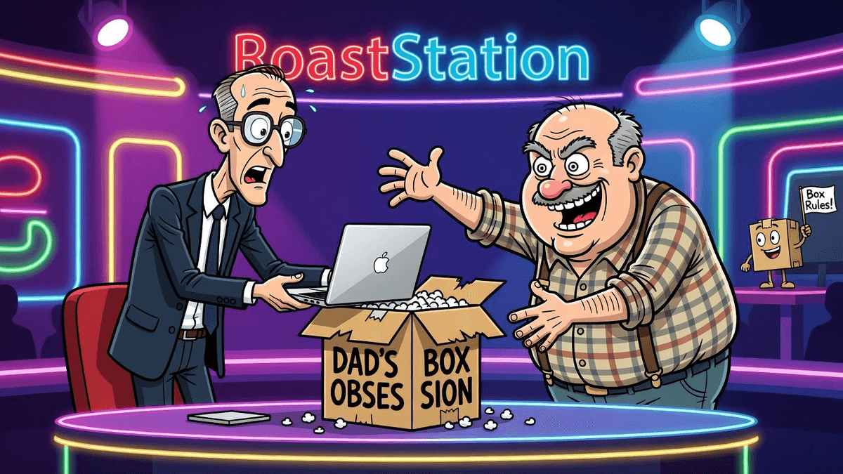 Ex-Google MD's MacBook Gift Meets Dad's Box Obsession — Culture satirical illustration · MEDIUM tier · Roast Station editorial