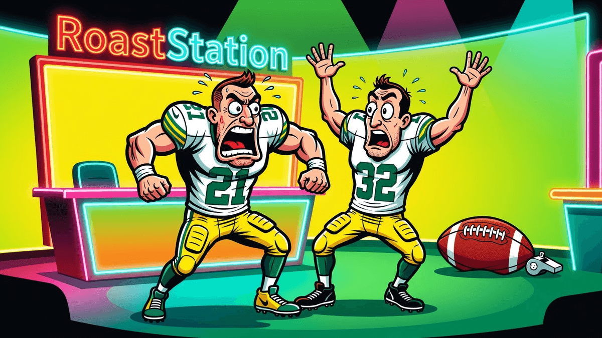 FOX NFL Highlights: Slow-Mo Circus of Grown Men Grunting — Sports satirical illustration · MEDIUM tier · Roast Station editorial