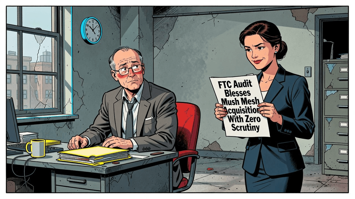 FTC Audit Blesses Musk Mesh Acquisition With Zero Scrutiny — Tech satirical illustration · SPICY tier · Roast Station editorial